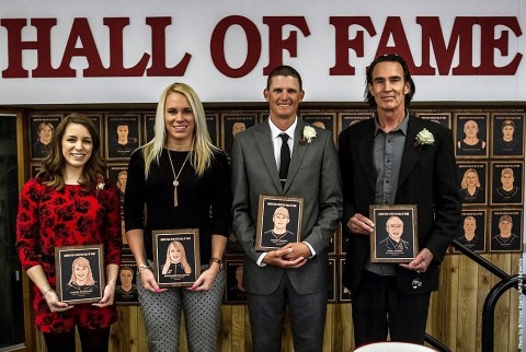 (L to R) Carrie Burggraf, Stephanie Champine, Rowdy Hardy and Paul Aaron were inducted into the APSU Athletics Hall of Fame, Saturday morning. (APSU Sports Information)