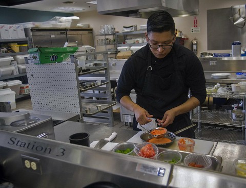 Spc. Freddy Recinos, a culinary specialist, assigned to 526th Brigade Support Battalion, 2nd Brigade Combat Team, 101st Airborne Division (Air Assault), prepares a meal at the culinary lab at the education center on Fort Campbell, Ky., Feb. 19, 2016. Recinos is part of the Fort Campbell Culinary Team which will compete in the Military Culinary Arts Competitive Training at Fort Lee, Va., in March, 2016. (Staff Sgt. Terrance D. Rhodes, 2nd Brigade Combat Team, 101st Airborne Division (Air Assault) Public Affairs)