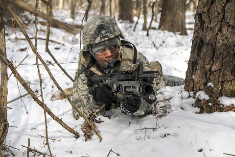 Pfc. Danny Morgan, a M249 light machine gun operator for 2nd platoon, Able Company, 1st Battalion, 506th Infantry Regiment, 1st Brigade Combat Team, 101st Airborne Division (Air Assault), returns fire acting as team leader during a training exercise February 10, 2016.  (Sgt. Samantha Stoffregen, 1st Brigade Combat Team, 101st Airborne Division (Air Assault) Public Affairs)