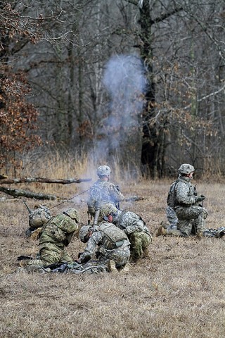 A mortar team from Company C, 1st Battalion, 327th Infantry Regiment, 1st Brigade Combat Team, 101st Airborne Division (Air Assault) fires an M224 60 mm lightweight mortar round during the live fire exercise Feb. 17, 2016, at Range 55, Fort Campbell, KY. The Soldiers were providing fire support while a portion of the company attacked an objective. (Sgt. Samantha Stoffregen, 1st Brigade Combat Team, 101st Airborne Division (Air Assault) Public Affairs)