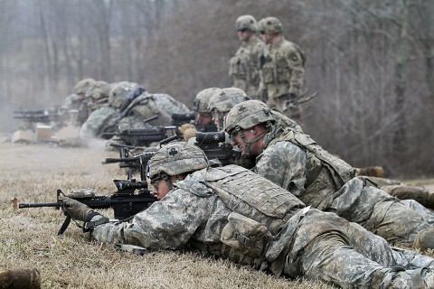 Soldiers with Company C, 1st Battalion, 327th Infantry Regiment, 1st Brigade Combat Team, 101st Airborne Division (Air Assault) provide suppressive fire during the live fire exercise Feb. 17, 2016, at Range 55, Fort Campbell, KY. The “Bulldogs” battalion completed Eagle Flight III, which ensured all rifle companies were proficient on their weapons systems and encompassed various assets from outside the battalion. (U.S. Army photo by Sgt. Samantha Stoffregen, 1st Brigade Combat Team, 101st Airborne Division (Air Assault) Public Affairs)