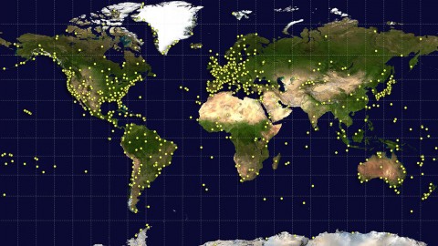 Sites around the world (yellow dots) contributed data and serve as "landmarks along a trail" for the newest update to a global standard called the International Terrestrial Reference Frame. Each site conducts precision measurements using at least one and up to four geodetic techniques. (NASA/Earth Observatory/GSFC) Sites around the world (yellow dots) contributed data and serve as "landmarks along a trail" for the newest update to a global standard called the International Terrestrial Reference Frame. Each site conducts precision measurements using at least one and up to four geodetic techniques. (NASA/Earth Observatory/GSFC)