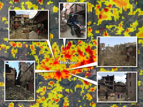 This image shows street-level photos in the Bhaktapur area of Nepal overlaid on a damage proxy map derived from data from COSMO-SkyMed satellites. The color gradation -- yellow to orange to red -- represents increasingly more significant change on the ground. (NASA/JPL-Caltech/Google/DigitalGlobe/CNES/Astrium/Amy MacDonald/Thornton Tomasetti)