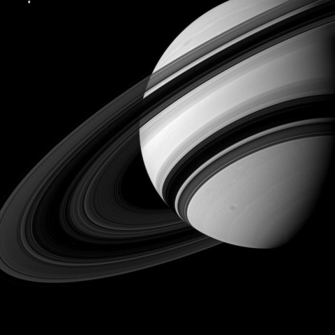 Saturn's B ring is the most opaque of the main rings, appearing almost black in this Cassini image taken from the unlit side of the ringplane. (NASA/JPL-Caltech/Space Science Institute)