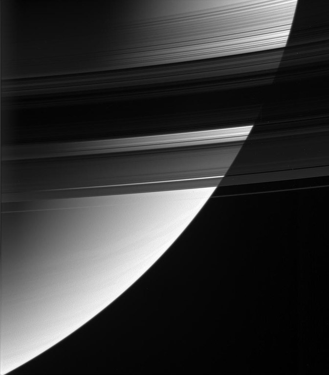 Some parts of Saturn's B ring are up to 10 times more opaque than the neighboring A ring, but the B ring may weigh in at only two to three times the A ring's mass. (NASA/JPL-Caltech/Space Science Institute)