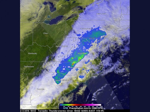 On Feb. 3 at 1:51 p.m. EDT GPM found that one powerful thunderstorm in North Carolina was dropping rain at the extreme rate of 112.96 mm (4.4 inches) per hour. (NASA/JAXA/SSAI, Hal Pierce)