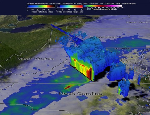 On Feb. 3 at 1:51 p.m. EDT GPM found that one powerful thunderstorm in North Carolina was dropping rain at the extreme rate of 112.96 mm (4.4 inches) per hour. (NASA/JAXA/SSAI, Hal Pierce) On Feb. 3 at 1:51 p.m. EDT GPM found that one powerful thunderstorm in North Carolina was dropping rain at the extreme rate of 112.96 mm (4.4 inches) per hour. (NASA/JAXA/SSAI, Hal Pierce)