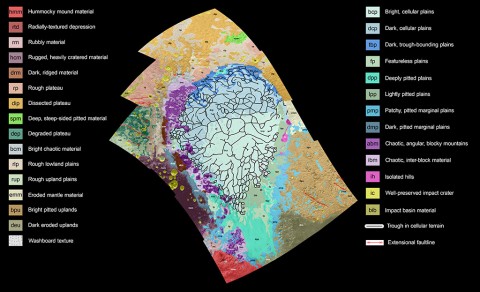 Pluto’s informally-named Sputnik Planum region is mapped, with the key indicating a wide variety of units or terrains. (NASA/JHUAPL/SwRI)