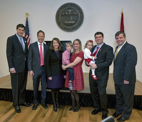 Tennessee Health Commissioner John Dreyzehner, MD, MPH; Sleep Baby Safe and Snug Author John Hutton, MD; Tennessee First Lady Crissy Haslam; Owen Hanke; Charlie’s Kids Foundation Co-founder Maura Hanke; Annie Hanke; Charlie’s Kids Foundation President Sam Hanke, MD and TDH Assistant Commissioner of Family Health & Wellness Michael Warren, MD, MPH celebrate Tennessee’s reduction of sleep-related deaths at the Tennessee Residence Feb. 25, 2016.