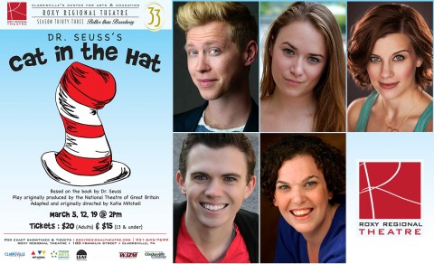 "The Cat in the Hat" at the Roxy Regional Theatre stars (Top L to R) Michael C. Brown stars as The Cat in the Hat, Emily Rourke, Lacey Connell, Ryan Bowie and Jackie Ostick.