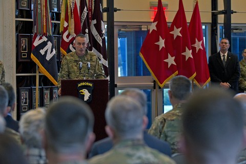 Maj. Gen. Gary J. Volesky, commanding general, 101st Airborne Division (Air Assault), speaks to Soldiers and local community members during the division's color casing ceremony at Fort Campbell, KY, Feb. 25, 2016. (Sgt. William White, 101st Airborne Division Public Affairs)