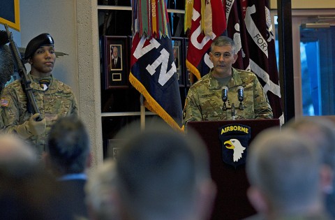 Lt. Gen. Stephen J. Townsend, XVIII Airborne Corps commanding general, speaks to 101st Airborne Division (Air Assault) Soldiers and local community members during the division's Color Casing Ceremony at Fort Campbell, KY, Feb. 25, 2016. (Sgt. William White, 101st Airborne Division Public Affairs)