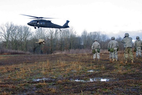 A group of Soldiers from 58th Signal Company, 101st Special Troops Battalion, 101st Airborne Division (Air Assault), watch as the aircraft drops off a generator in the landing zone they set up earlier in the day at training area 5, Fort Campbell, Ky., March 14, 2016. (U.S. Army Sgt. Neysa Canfield, 101st Sustainment Brigade Public Affairs)