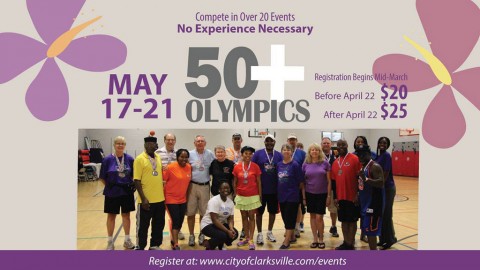 Clarksville Park and Recreation's 50+ Olympics registration going on now through May 6th. Clarksville Park and Recreation's 50+ Olympics registration going on now through May 6th.