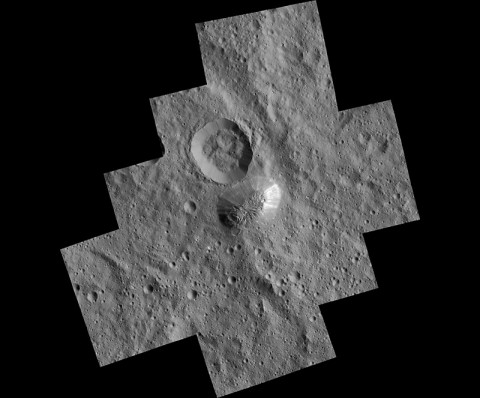 The mysterious mountain Ahuna Mons is seen in this mosaic of images from NASA's Dawn spacecraft. Dawn took these images from its lowest-altitude orbit. (NASA/JPL-Caltech/UCLA/MPS/DLR/IDA)