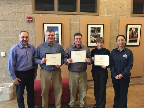 From left to right, Dr. Ihab Habib, Charles Drury, Jeffry Coward, Nicole Kirch and Dr. Na Zhu. From left to right, Dr. Ihab Habib, Charles Drury, Jeffry Coward, Nicole Kirch and Dr. Na Zhu.