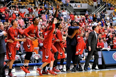 Austin Peay Governors bench celebrates defeating the Tennessee-Martin Skyhawks during the second half of the Ohio Valley Conference tournament championship game at Municipal Auditorium. Austin Peay won 83-73. (Jim Brown-USA TODAY Sports) Austin Peay Governors bench celebrates defeating the Tennessee-Martin Skyhawks during the second half of the Ohio Valley Conference tournament championship game at Municipal Auditorium. Austin Peay won 83-73. (Jim Brown-USA TODAY Sports)