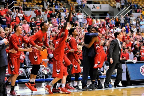 Austin Peay Governors bench celebrates defeating the Tennessee-Martin Skyhawks during the second half of the Ohio Valley Conference tournament championship game at Municipal Auditorium. Austin Peay won 83-73. (Jim Brown-USA TODAY Sports)