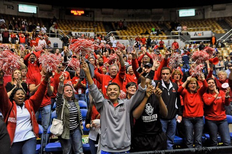 Austin Peay Governors fans cheer celebrating their teams victory following the Ohio Valley Conference tournament championship game against the Tennessee-Martin Skyhawks at Municipal Auditorium. Austin Peay won 83-73. (Jim Brown-USA TODAY Sports)