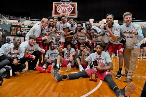 Austin Peay Governors pose for a group photo following the Ohio Valley Conference tournament championship game against the Tennessee-Martin Skyhawks at Municipal Auditorium. Austin Peay won 83-73. (Jim Brown-USA TODAY Sports)