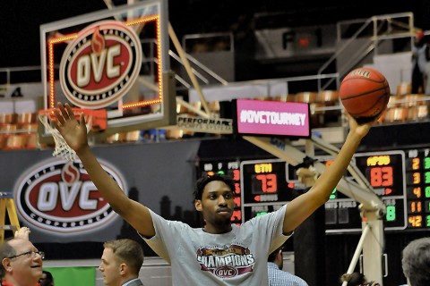 Austin Peay Governors center Chris Horton (5) (arms out stretched) celebrates following the Ohio Valley Conference tournament championship game against the Tennessee-Martin Skyhawks at Municipal Auditorium. Austin Peay won 83-73. (Jim Brown-USA TODAY Sports)