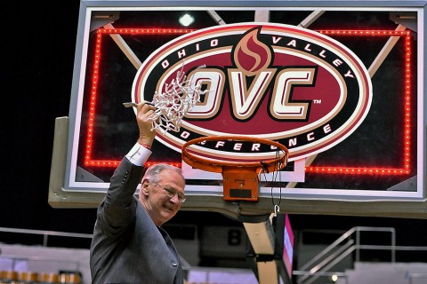 Austin Peay Governors head coach Dave Loos cuts down the net following the championship game of the Ohio Valley Conference tournament against the Tennessee-Martin Skyhawks at Municipal Auditorium. Austin Peay won 83-73. (Jim Brown-USA TODAY Sports)