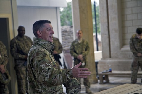 Capt. Christopher S. Davis, chaplain for Headquarters and Headquarters Battalion, 101st Airborne Division (Air Assault), gives the sermon at an Easter sunrise service in Baghdad, Iraq, March 27, 2016. (U.S. Army photo by Sgt. Katie Eggers)