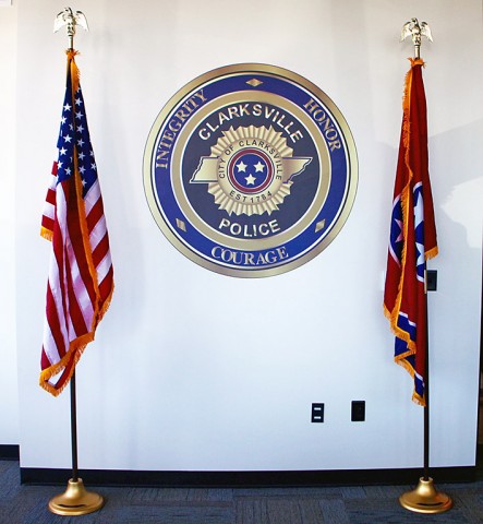 American Flag and the Tennessee State Flag donated to the Clarksville Police Department by the Citizens Police Academy Alumni. American Flag and the Tennessee State Flag donated to the Clarksville Police Department by the Citizens Police Academy Alumni.