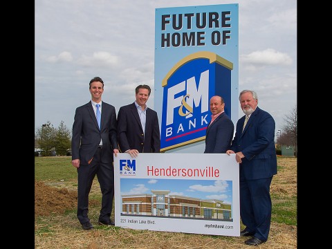 From left: F&M’s Brad Edwards, Vice president and Branch Manager; Brian Maggart, Vice President and Manager of F&M’s Mortgage Office; Hendersonville Mayor, Scott Foster and Sammy Stuard, F&M President and CEO are pictured during recent groundbreaking event for the bank’s new 3,000 square foot Hendersonville office located at 221 Indian Lake Blvd.