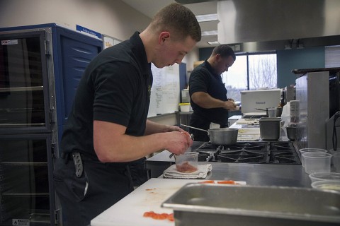 Spc. Brandon Keller, a culinary specialist, assigned to 526th Brigade Support Battalion, 2nd Brigade Combat Team, 101st Airborne Division (Air Assault), prepares a meal at the culinary lab at the education center on Fort Campbell, Ky., Feb. 25, 2016. Keller is part of the Fort Campbell Culinary Team will compete in the 41st Military Culinary Arts Competitive Training Event at Fort Lee, Va., March 3-11. (Staff Sgt. Terrance D. Rhodes, 2nd Brigade Combat Team, 101st Airborne Division (Air Assault) Public Affairs)