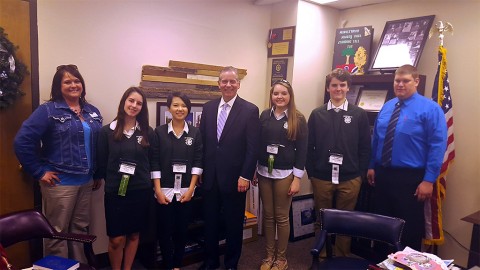 Representative Joe Pitts welcomes members of the Montgomery County 4-H Congress to the State Capitol on Monday, March 21st. (L to R) Julie Newberry, Cheyenne Deibert, Tabitha Lee, State Rep. Joe Pitts, Dani Wright, Hunter Kueter, and Trevor Beard. All of the students are from Clarksville Academy