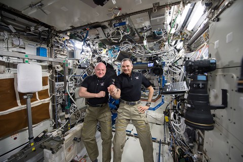 NASA astronaut Scott Kelly and Russian cosmonaut Mikhail Kornienko aboard the International Space Station. (NASA)