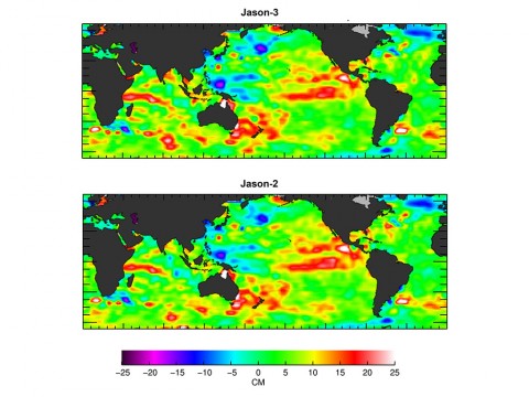 The U.S./European Jason-3 satellite has produced its first map of sea surface height, which corresponds well to data from its predecessor, Jason-2. Higher-than-normal sea levels are red; lower-than-normal sea levels are blue. El Nino is visible as the red blob in the eastern equatorial Pacific. (NASA/JPL Ocean Surface Topography Team)