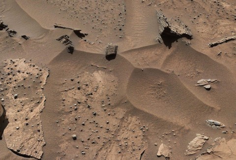 Patches of Martian sandstone visible in the lower-left and upper portions of this March 9, 2016, view from the Mast Camera of NASA's Curiosity Mars rover have a knobbly texture due to nodules apparently more resistant to erosion than the host rock in which some are still embedded. (NASA/JPL-Caltech/MSSS)