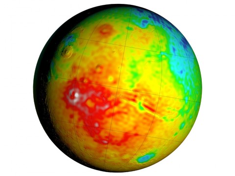 This Mars map shows variations in thickness of the planet's crust, the relatively thin surface layer overlying the mantle of the planet. It shows unprecedented detail derived from new mapping of variations in Mars' gravitational pull on orbiters. (NASA/GSFC/Scientific Visualization Studio)
