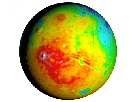 This Mars map shows variations in thickness of the planet's crust, the relatively thin surface layer overlying the mantle of the planet. It shows unprecedented detail derived from new mapping of variations in Mars' gravitational pull on orbiters. (NASA/GSFC/Scientific Visualization Studio) This Mars map shows variations in thickness of the planet's crust, the relatively thin surface layer overlying the mantle of the planet. It shows unprecedented detail derived from new mapping of variations in Mars' gravitational pull on orbiters. (NASA/GSFC/Scientific Visualization Studio)