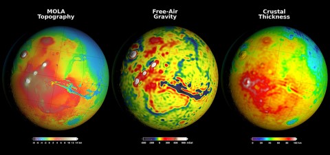 Newly detailed mapping of local variations in Mars' gravitational pull on orbiters (center), combined with topographical mapping of the planet's mountains and valleys (left), yields the best-yet mapping of Mars' crustal thickness (right). (NASA/GSFC/Scientific Visualization Studio)