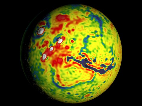 This map shows unprecedented detail of local variations in Mars' gravitational pull on orbiters. The gravitational mapping has been applied to map variations in the thickness of the planet's crust and to deduce information about its deeper interior. (NASA/GSFC/Scientific Visualization Studio)