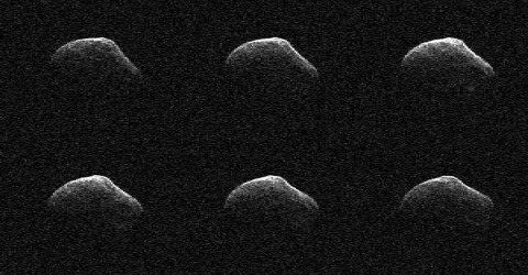 These radar images of comet P/2016 BA14 were taken on March 23, 2016, by scientists using an antenna of NASA's Deep Space Network at Goldstone, California. At the time, the comet was about 2.2 million miles (3.6 million kilometers) from Earth. (NASA/JPL-Caltech/GSSR)