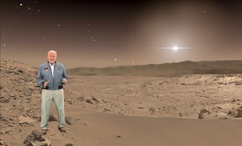 Buzz Aldrin, an Apollo 11 astronaut who walked on the moon, makes a holographic appearance in "Destination: Mars," a mixed-reality tour of a part of Mars that NASA's Curiosity rover has explored. (NASA/JPL-Caltech/Microsoft) Buzz Aldrin, an Apollo 11 astronaut who walked on the moon, makes a holographic appearance in "Destination: Mars," a mixed-reality tour of a part of Mars that NASA's Curiosity rover has explored. (NASA/JPL-Caltech/Microsoft)
