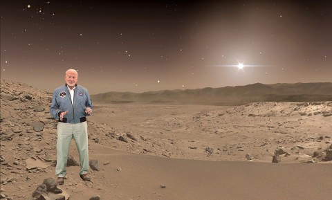 Buzz Aldrin, an Apollo 11 astronaut who walked on the moon, makes a holographic appearance in "Destination: Mars," a mixed-reality tour of a part of Mars that NASA's Curiosity rover has explored. (NASA/JPL-Caltech/Microsoft)