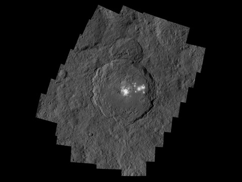 Occator Crater, measuring 57 miles (92 kilometers) across and 2.5 miles (4 kilometers) deep, contains the brightest area on Ceres. (NASA/JPL-Caltech/UCLA/MPS/DLR/IDA/PSI) Occator Crater, measuring 57 miles (92 kilometers) across and 2.5 miles (4 kilometers) deep, contains the brightest area on Ceres. (NASA/JPL-Caltech/UCLA/MPS/DLR/IDA/PSI)