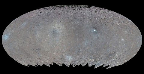 This global map shows the surface of Ceres in enhanced color, encompassing infrared wavelengths beyond human visual range. (NASA/JPL-Caltech/UCLA/MPS/DLR/IDA)