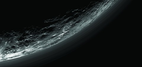 This image of haze layers above Pluto’s limb was taken by the Ralph/Multispectral Visible Imaging Camera (MVIC) on NASA’s New Horizons spacecraft. About 20 haze layers are seen; the layers have been found to typically extend horizontally over hundreds of kilometers, but are not strictly parallel to the surface. For example, scientists note a haze layer about 3 miles (5 kilometers) above the surface (lower left area of the image), which descends to the surface at the right. (NASA/JHUAPL/SwRI/Gladstone et al./Science (2016))