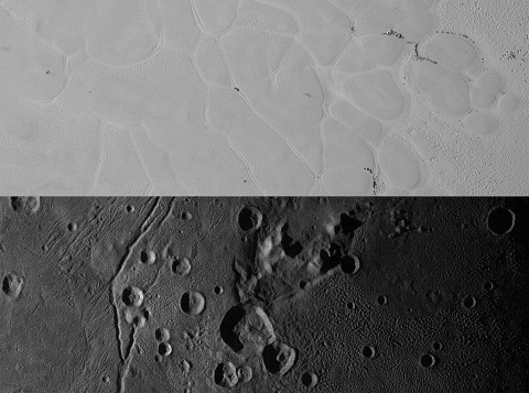 Above are New Horizons’ views of the informally named Sputnik Planum on Pluto (top) and the informally named Vulcan Planum on Charon (bottom). The Sputnik Planum strip measures 228 miles (367 kilometers) long, and the Vulcan Planum strip measures 194 miles (312 kilometers) long. Illumination is from the left. The bright, nitrogen-ice plains are defined by a network of crisscrossing troughs. This observation was obtained by the Ralph/Multispectral Visible Imaging Camera (MVIC) at a resolution of 1,050 feet (320 meters) per pixel. (NASA/JHUAPL/SwRI)