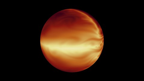 The turbulent atmosphere of a hot, gaseous planet known as HD 80606b is shown in this simulation based on data from NASA's Spitzer Space Telescope. (NASA/JPL-Caltech)