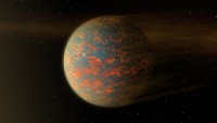 This illustration shows one possible scenario for the hot, rocky exoplanet called 55 Cancri e, which is nearly two times as wide as Earth. (NASA/JPL-Caltech)