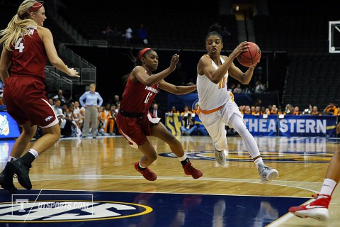 Tennessee Womens Basketball's #11 Diamond DeShields nets 15 points in SEC Tournament win over Arkansas Razorbacks Thursday. (Donald Page/Tennessee Athletics)