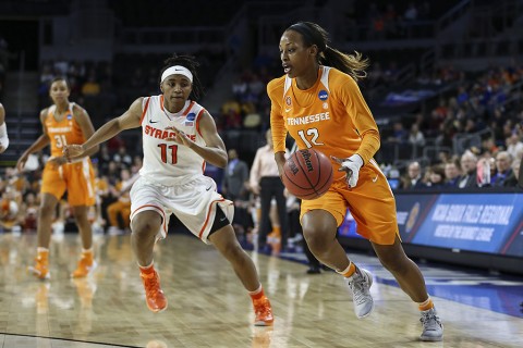 #12 Bashaara Graves of the Tennessee Lady Volunteers during the Elite Eight game in the NCAA tournament between the Syracuse Orange and the Tennessee Lady Volunteers in Sioux Falls, SD. (Donald Page/Tennessee Athletics)