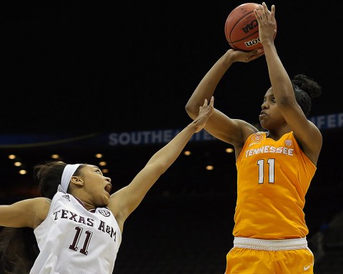 Tennessee Lady Volunteers guard Diamond DeShields (11) takes a shot in the second quarter as Texas A&M Aggies guard Curtyce Knox (11) defends during the women's SEC basketball tournament at Jacksonville Memorial Veterans Arena. (Logan Bowles-USA TODAY Sports) Tennessee Lady Volunteers guard Diamond DeShields (11) takes a shot in the second quarter as Texas A&M Aggies guard Curtyce Knox (11) defends during the women's SEC basketball tournament at Jacksonville Memorial Veterans Arena. (Logan Bowles-USA TODAY Sports)